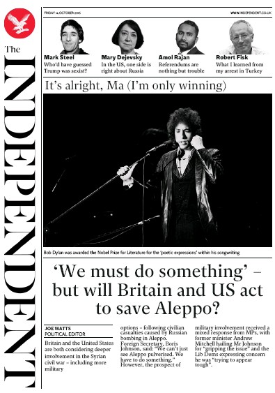 The Independent Newspaper Front Page for 14 October 2016