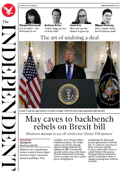 The Independent Newspaper Front Page for 14 October 2017