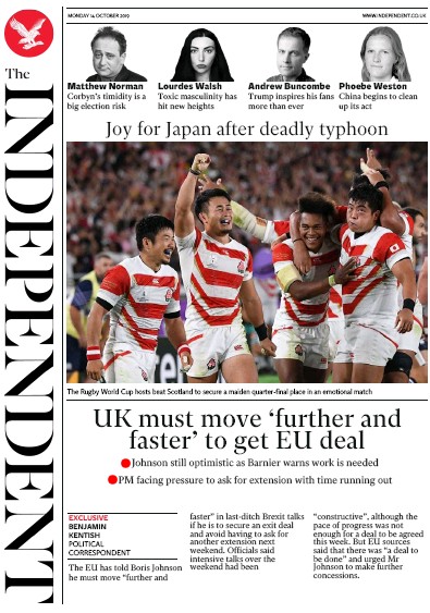 The Independent Newspaper Front Page for 14 October 2019