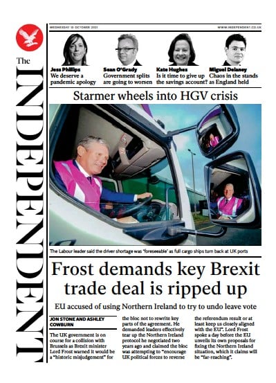 The Independent (UK) Newspaper Front Page for 14 October 2021