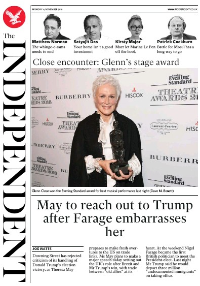 The Independent (UK) Newspaper Front Page for 14 November 2016