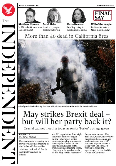 The Independent Newspaper Front Page for 14 November 2018