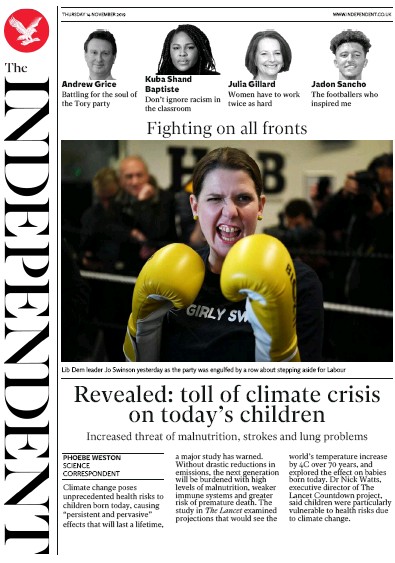 The Independent (UK) Newspaper Front Page for 14 November 2019