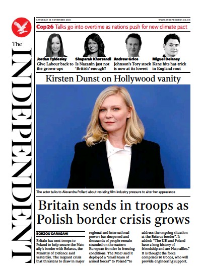 The Independent (UK) Newspaper Front Page for 14 November 2021