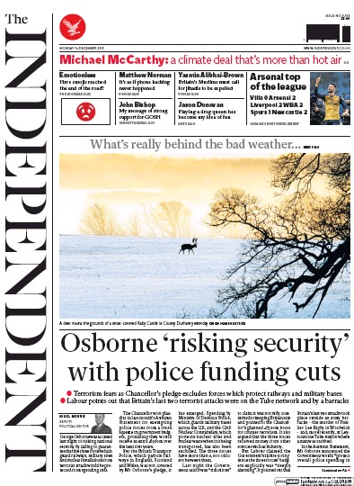 The Independent (UK) Newspaper Front Page for 14 December 2015