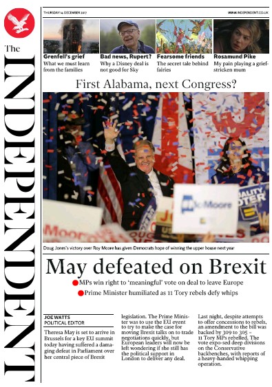 The Independent Newspaper Front Page for 14 December 2017