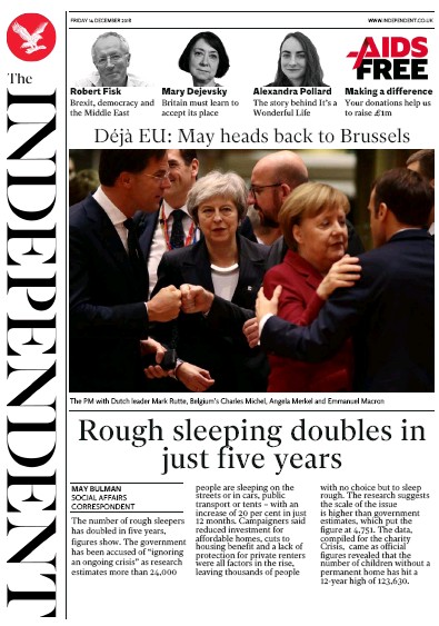 The Independent Newspaper Front Page for 14 December 2018