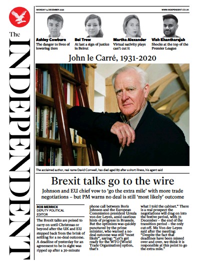 The Independent Newspaper Front Page for 14 December 2020