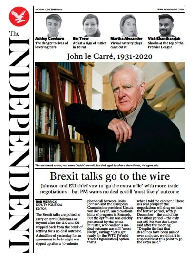 The Independent (UK) Newspaper Front Page for 14 December 2020