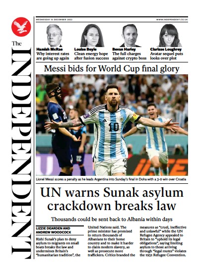 The Independent Newspaper Front Page for 14 December 2022