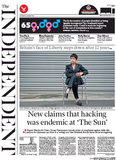 The Independent Newspaper Front Page for 14 January 2016