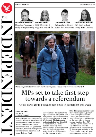 The Independent Newspaper Front Page for 14 January 2019