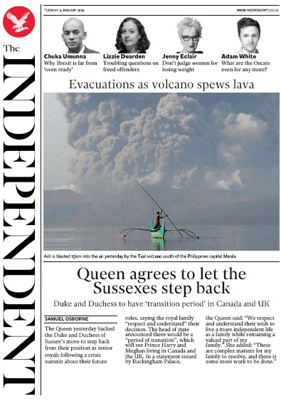 The Independent Newspaper Front Page for 14 January 2020