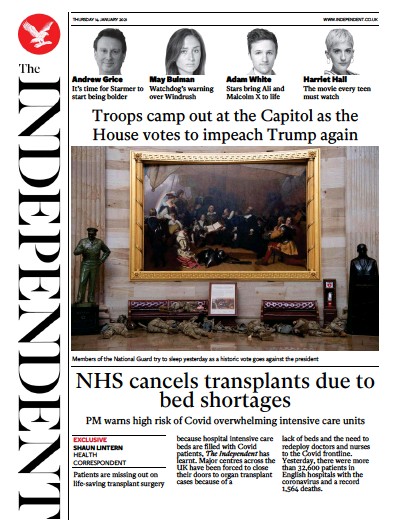 The Independent Newspaper Front Page for 14 January 2021