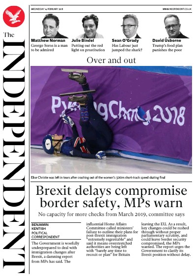 The Independent Newspaper Front Page for 14 February 2018