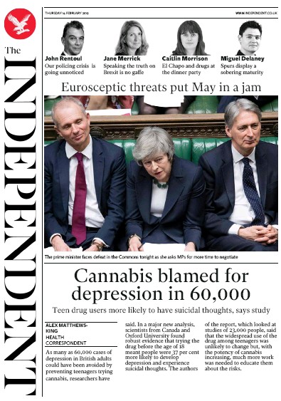 The Independent Newspaper Front Page for 14 February 2019