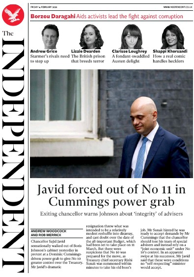The Independent Newspaper Front Page for 14 February 2020