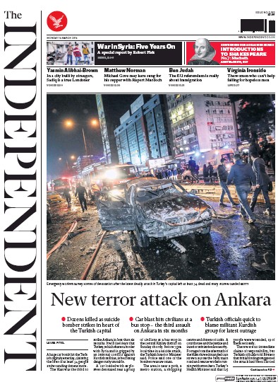 The Independent Newspaper Front Page for 14 March 2016