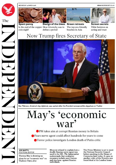 The Independent Newspaper Front Page for 14 March 2018