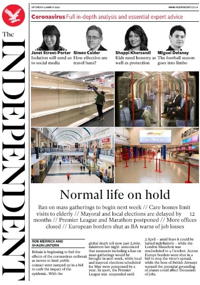 The Independent Newspaper Front Page for 14 March 2020