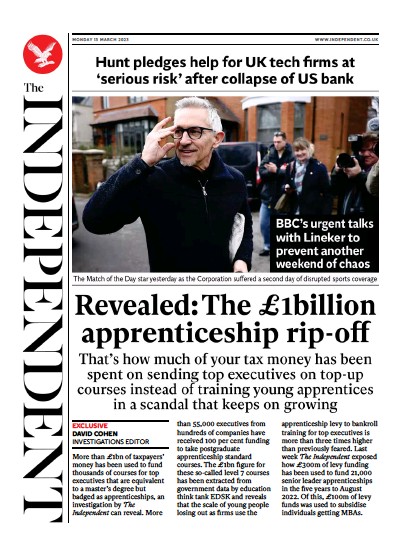 The Independent (UK) Newspaper Front Page for 14 March 2023