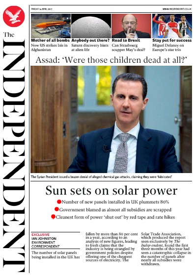 The Independent Newspaper Front Page for 14 April 2017