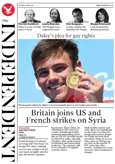 The Independent Newspaper Front Page for 14 April 2018