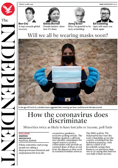 The Independent Newspaper Front Page for 14 April 2020