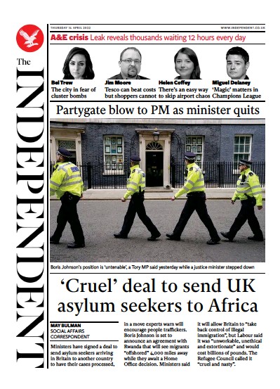 The Independent Newspaper Front Page for 14 April 2022