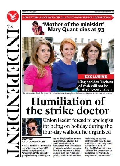 The Independent (UK) Newspaper Front Page for 14 April 2023