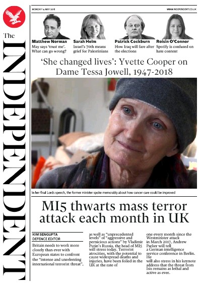 The Independent (UK) Newspaper Front Page for 14 May 2018