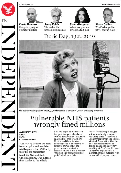 The Independent (UK) Newspaper Front Page for 14 May 2019