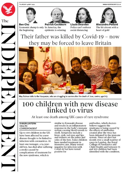 The Independent Newspaper Front Page for 14 May 2020