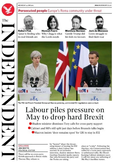 The Independent Newspaper Front Page for 14 June 2017