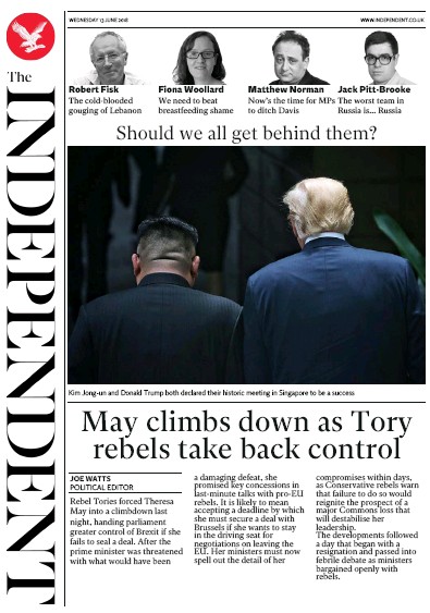 The Independent Newspaper Front Page for 14 June 2018