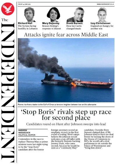 The Independent (UK) Newspaper Front Page for 14 June 2019