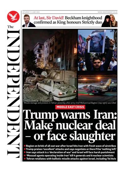 The Independent (UK) Newspaper Front Page for 14 June 2025