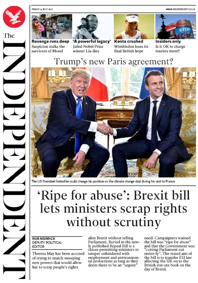 The Independent Newspaper Front Page for 14 July 2017