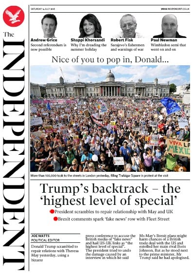 The Independent Newspaper Front Page for 14 July 2018