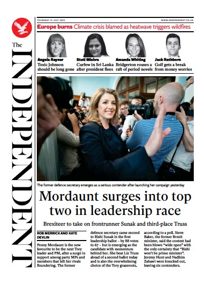 The Independent (UK) Newspaper Front Page for 14 July 2022