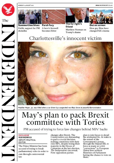 The Independent Newspaper Front Page for 14 August 2017