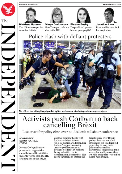The Independent Newspaper Front Page for 14 August 2019