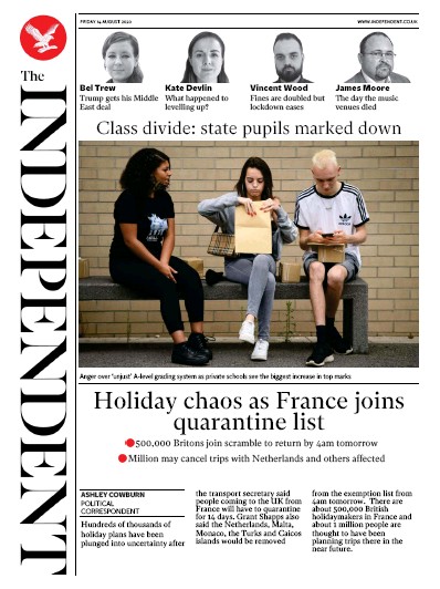 The Independent Newspaper Front Page for 14 August 2020