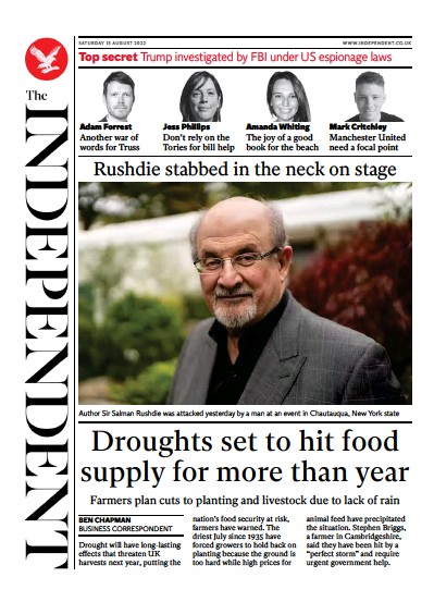 The Independent (UK) Newspaper Front Page for 14 August 2022