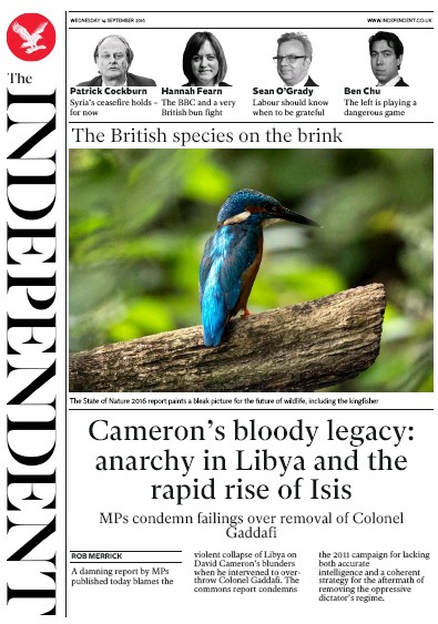 The Independent Newspaper Front Page for 14 September 2016