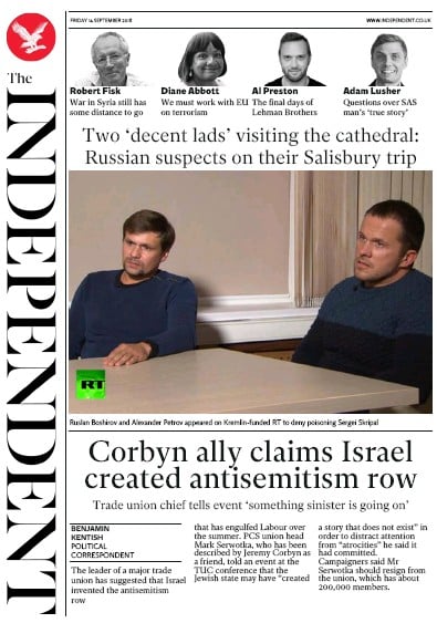 The Independent Newspaper Front Page for 14 September 2018