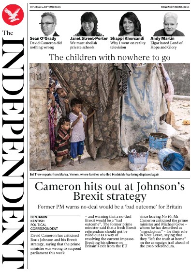 The Independent Newspaper Front Page for 14 September 2019