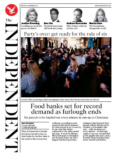 The Independent Newspaper Front Page for 14 September 2020
