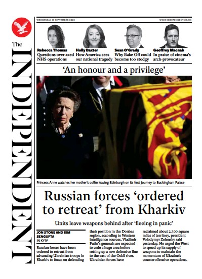 The Independent (UK) Newspaper Front Page for 14 September 2022