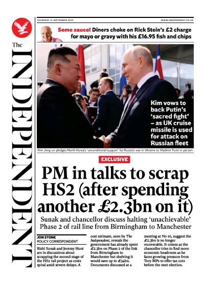 The Independent (UK) Newspaper Front Page for 14 September 2023